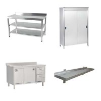 İmalatı paslanmaz krom çelikten yapılmış endüstriyel mutfak tezgahları, inox davlumbazlar, çelik çalışma masaları, kasap tezgahları, duvar dolapları, duvar tipi bardak süzme tezgahları; krom evyeli tezgah, filtreli fritöz davlumbazı, dolaplı çalışma tezg